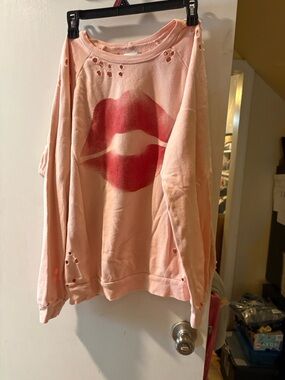 Lauren Moshi Pink Distressed Sweatshirt with Red Lip Graphic